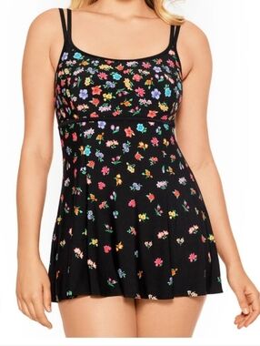 St. John’s Bay Black Floral Swimdress One-Piece – Tummy Control, Size L